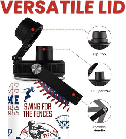 Baseball Water Bottle - 32oz Stainless Steel Insulated Sport Bottles with Lid - Gift for Men Baseball Lover Player Fan Coach