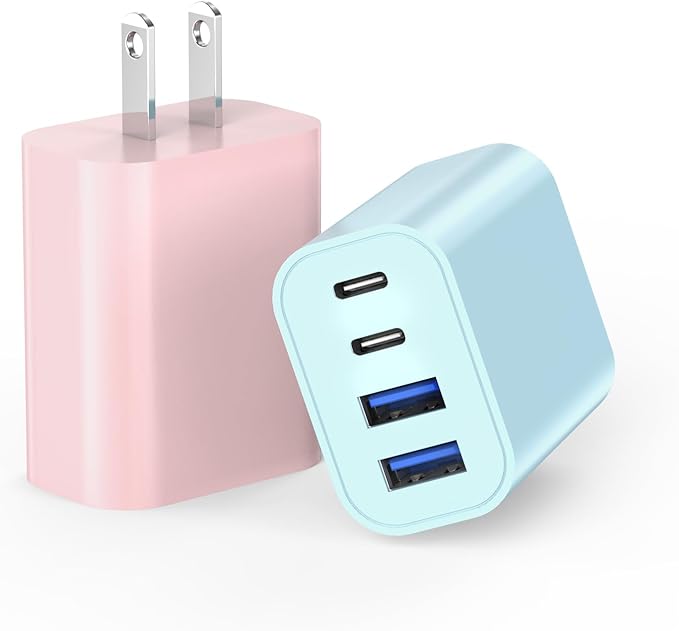 iPhone 17 Charger Block,40W 4-Port PD USB C Charger Block Power Adapter+QC Wall Charging Plug 2 Pack Fast Charging Cube Apple Multiport Brick for iPhone 17/17Pro/Air/16e/16/15/14/13/12,iPad(Pink&Blue)