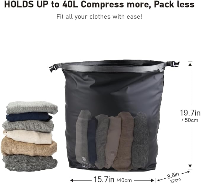 Vacuum Compression Bags for Travel, 40L Pump-Free Reusable Vacuum Bags, Waterproof Laundry Bag for Backpack and Suitcase, Space Saver Bags for Backpacking