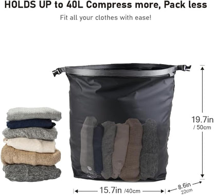 Vacuum Compression Bags for Travel, 40L Pump-Free Reusable Vacuum Bags, Waterproof Laundry Bag for Backpack and Suitcase, Space Saver Bags for Backpacking