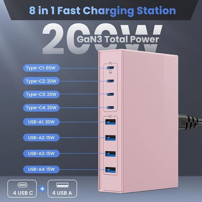 200W USB C Charger Block, 8-in-1 GaN III USB C Fast Charging Station Hub, PD 65W Laptop Adapter Travel Charging for MacBook Pro/Air/Dell XPS/iPhone 16/15/14/iPad/Galaxy S24 (Pink)