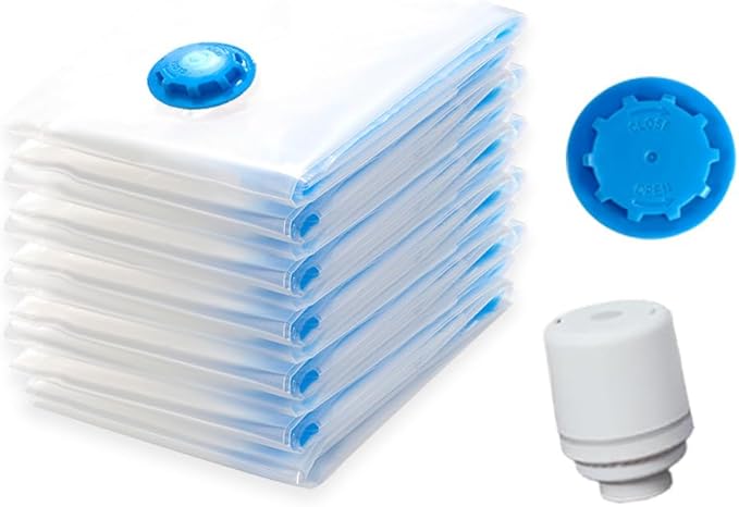 Owfeel 14 Pack Travel Vacuum Bags With Wireless Pump, Portable Compression Bags for Travel, Space Saver Vacuum Seal Bags for Clothing, Luggage, Pillows, Comforters, Reusable & Durable (14 PCS)