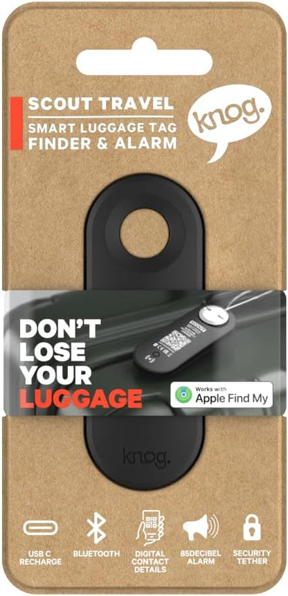 Knog Scout iOS Smart Tag, Tracker & 85d Alarm – Rechargeable Luggage Tag Compatible with iOS App & Apple Find My, Digital Contact Info, Remote Chime, Low Battery Alerts, Water-Resistant, Black