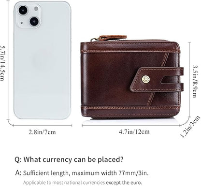 Genuine Leather Men's Wallet with Zipper Vintage RFID Blocking Large Capacity Wallet for Men with 11 Credit Card Slots and 1 ID Window (Black)