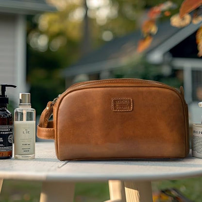 LEATHER VILLAGE Premium Leather Toiletry Travel Pouch With Waterproof Lining - Sun Tan | King-Size Handcrafted Vintage Dopp Kit Bag, Shaving & Bathroom Organizer, Gift for Men & Women