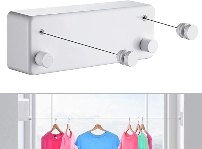 Retractable Clothesline-Clothes Line Retracting Indoor-Clothes Drying Line-Double Retractable Clothes Lines for Hanging Clothes Outdoor with 13.8 Ft Steel Wire, Clothing Line/Laundry Line, White