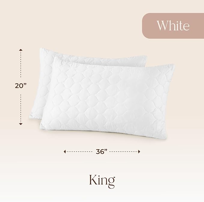 Organic Cotton Pillow Protector - Durable Quilted Pillow Protector King Size GOTS & Fairtrade Certified - Thick Hypoallergenic Machine Washable Breathable Cover & Edge Piping - 2 Pack (White, King)