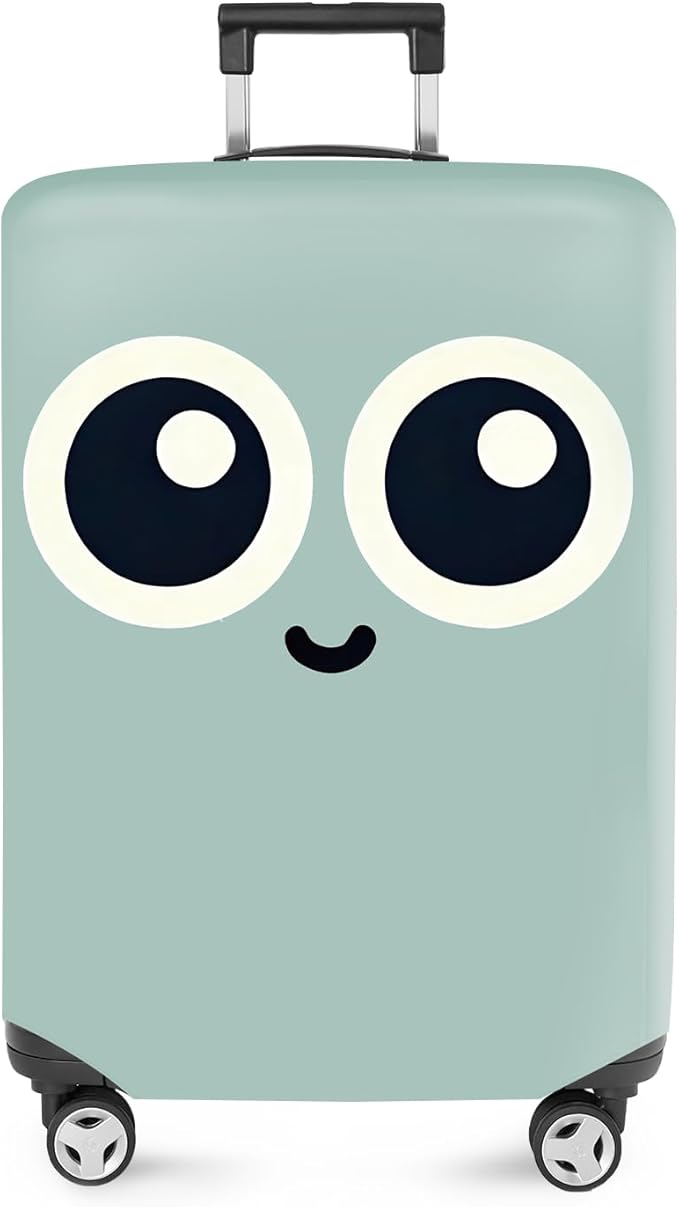 ANNA QUEEN Cute Smiley Face Luggage Cover, Teal Cartoon Suitcase Protector with Big Eyes Design, Stretchable, Washable Travel Cover for 32-34 Inch Luggage