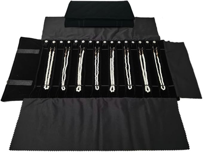 Portable Jewelry Roll Untangled Secure Necklace Travel Storage Bag Displays Holder 16 Chain (Black Diamond)