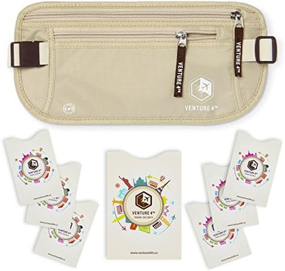 VENTURE 4TH Slim Minimalist Design RFID Money Belt with RFID Blocking Sleeves, for Men and Women – Ideal for Keeping Your Cash, Credit Card, Passport, Phone Secure When Traveling - Beige