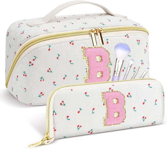 Personalized Travel Makeup Bag Set,Initial Travel Cute Cherry Makeup Organizer Bag,Toiletry Skincare Cosmetic Bag,Christmas Gifts for Women/Girls,Open Flat Toiletry Pouch with Brush Pocket-B