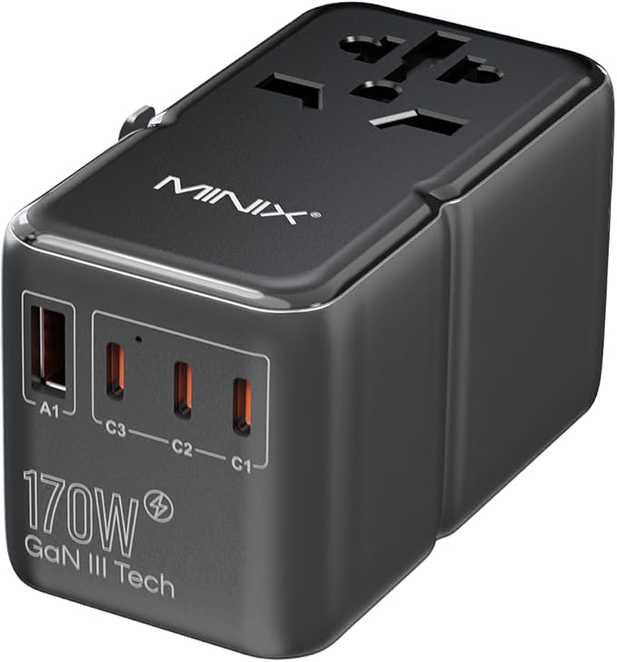 MINIX 170W Universal Travel Adapter GaN III Travel Adapter Worldwide with 3 USB-C & 1 USB-A Ports, International Power Adapter Compatible with US/UK/EU/AU for Laptops, Tablets, Phones, Cameras