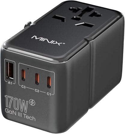 MINIX 170W Universal Travel Adapter GaN III Travel Adapter Worldwide with 3 USB-C & 1 USB-A Ports, International Power Adapter Compatible with US/UK/EU/AU for Laptops, Tablets, Phones, Cameras