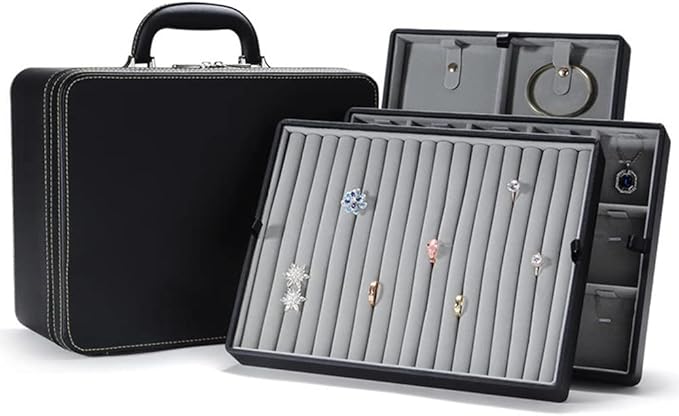 Jewelry Box Carriable Large Commercial Organizer Faux-Leather Accessory Case Storage with Handle Zipper Trays for Women Men Jeweler(L3-BK)