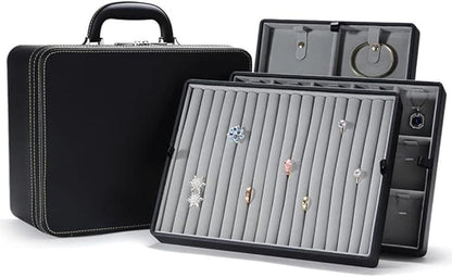 Jewelry Trays stacks Carriable with Handle Zipper Large Box Organizer Faux-Leather Accessory Case Storage(L3-BR)