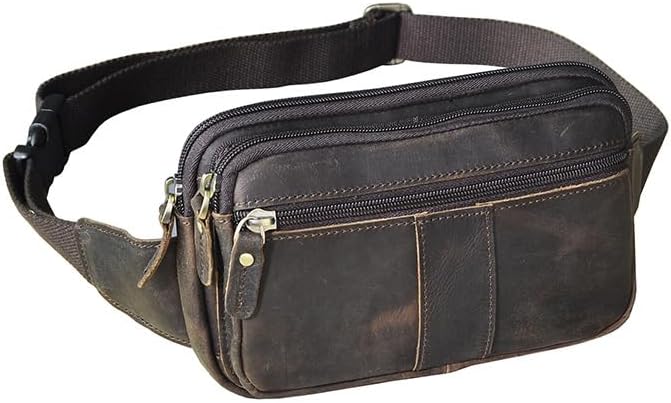 Compact Genuine Leather Waist Pack for Men Phone Fanny Pack Small Chest Messenger Bag with Adjustable Belt Gifts for Men (Coffee)