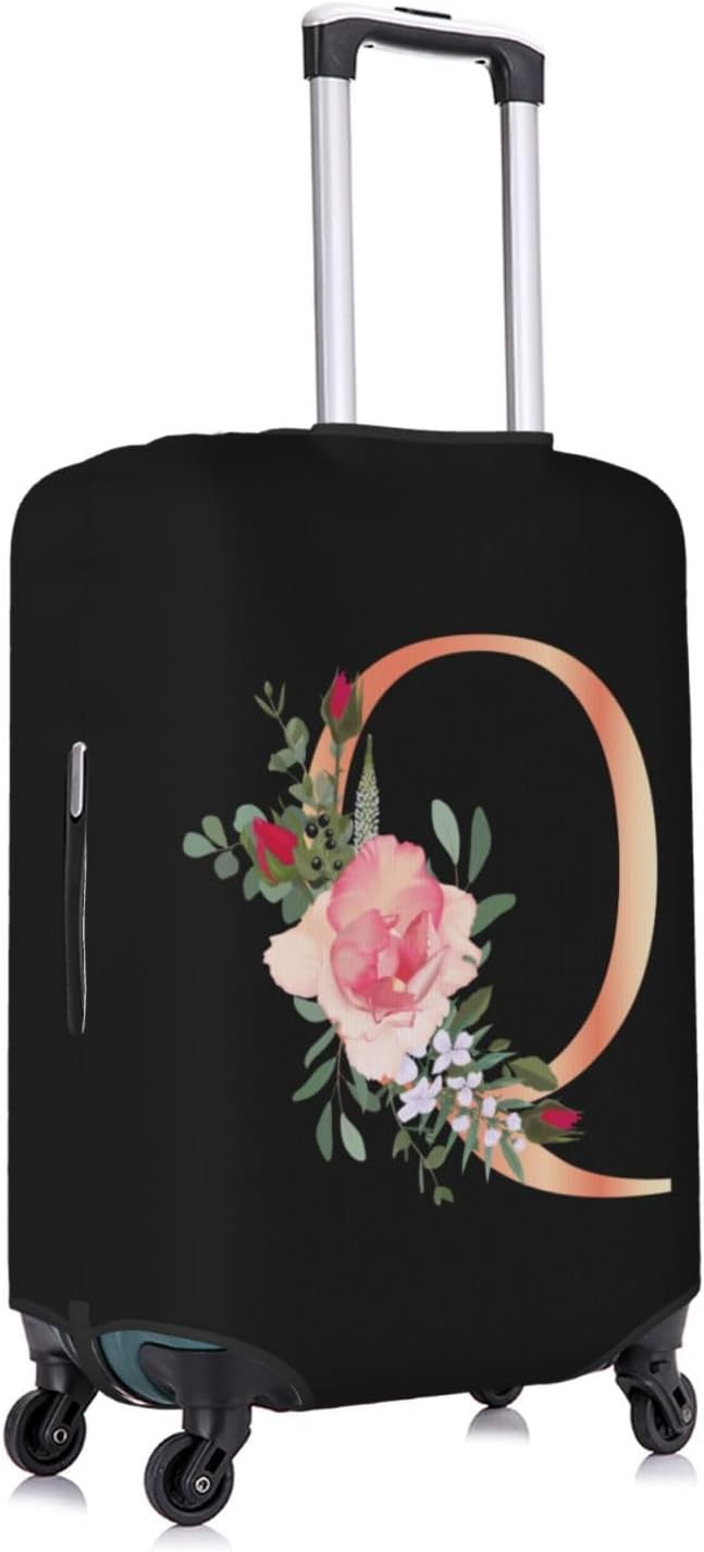 Floral Letter Q Travel Luggage Cover Spandex Suitcase Protector Elastic Washable Stretch Suitcase Cover,Size L(Fit 25-28inch Suitcase)