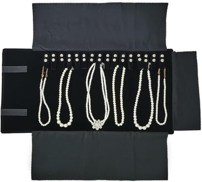 Velet Travel Jewelry Case Roll Bag Organizer for Necklace Bracelet Black Gray Velvet (Black Velvet)