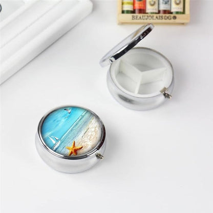 Pill Box,Beach Starfish Round Pill Box 3 Compartment Decorative Pocket Purse Portable Mini Travel Medicine Tablet Vitamin Holder Organizer Pill Case