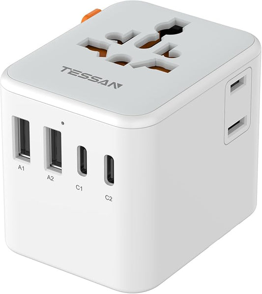 TESSAN Universal Travel Adapter, Power Adapter Worldwide with Extra 2 Prong AC Outlet, 4 USB Ports (2 USB C), International Plug Adaptor for US to Europe Italy UK Australia Ireland (Type C G A I)