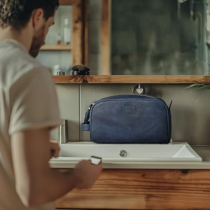 LEATHER VILLAGE Premium Leather Toiletry Travel Pouch With Waterproof Lining - Blue | King-Size Handcrafted Vintage Dopp Kit Bag, Shaving & Bathroom Organizer, Gift for Men & Women