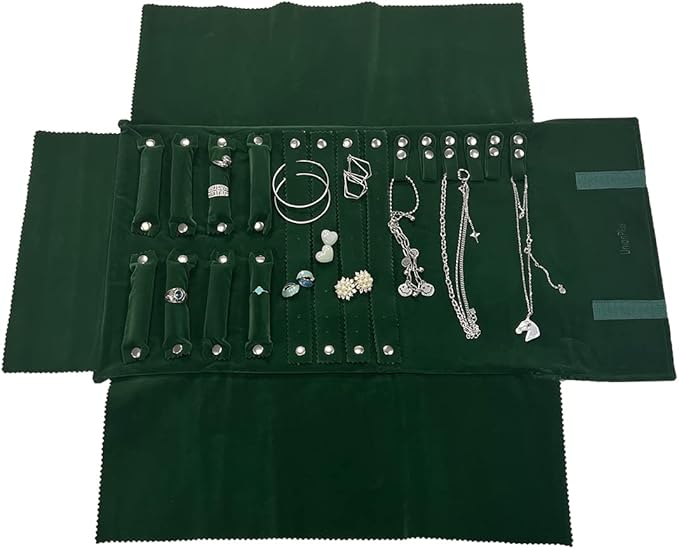 UnionPlus Velvet Jewelry Case Roll Bag for Necklace Bracelet Earrings Rings Multi-compartments, Great Jewelry Organizer for Travel, Blackish Green