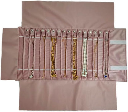 Portable Jewelry Roll Untangled Secure Necklace Travel Storage Bag Displays Holder 16 Chain (gray PU and pink)
