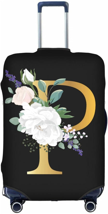 Flower Letter P Black Luggage Cover Elastic Washable Stretch Suitcase Protector Anti-Scratch Travel Suitcase Cover for Kid and Adult M (22-24 inch suitcase)