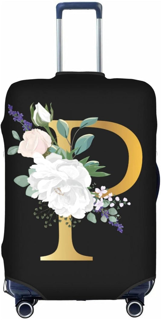 Flower Letter P Black Luggage Cover Elastic Washable Stretch Suitcase Protector Anti-Scratch Travel Suitcase Cover for Kid and Adult M (22-24 inch suitcase)