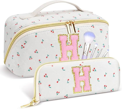 Personalized Travel Makeup Bag Set,Initial Travel Cute Cherry Makeup Organizer Bag,Toiletry Skincare Cosmetic Bag,Christmas Gifts for Women/Girls,Open Flat Toiletry Pouch with Brush Pocket-H