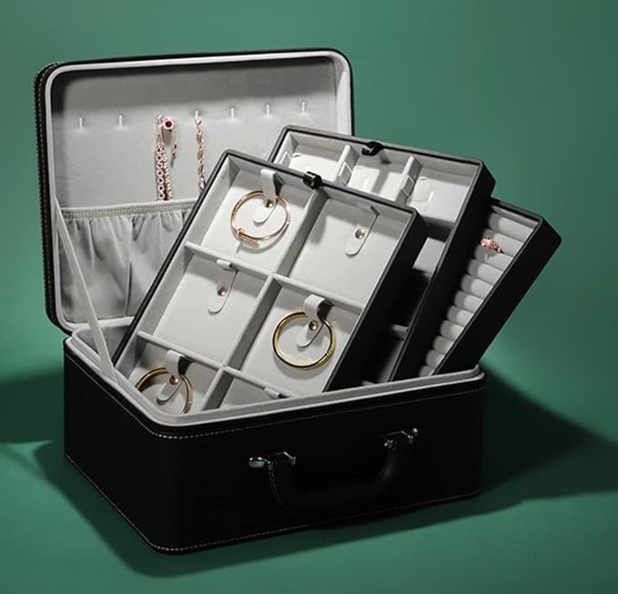 Jewelry Box Carriable Large Commercial Organizer Faux-Leather Accessory Case Storage with Handle Zipper Trays for Women Men Jeweler(L3-BK)