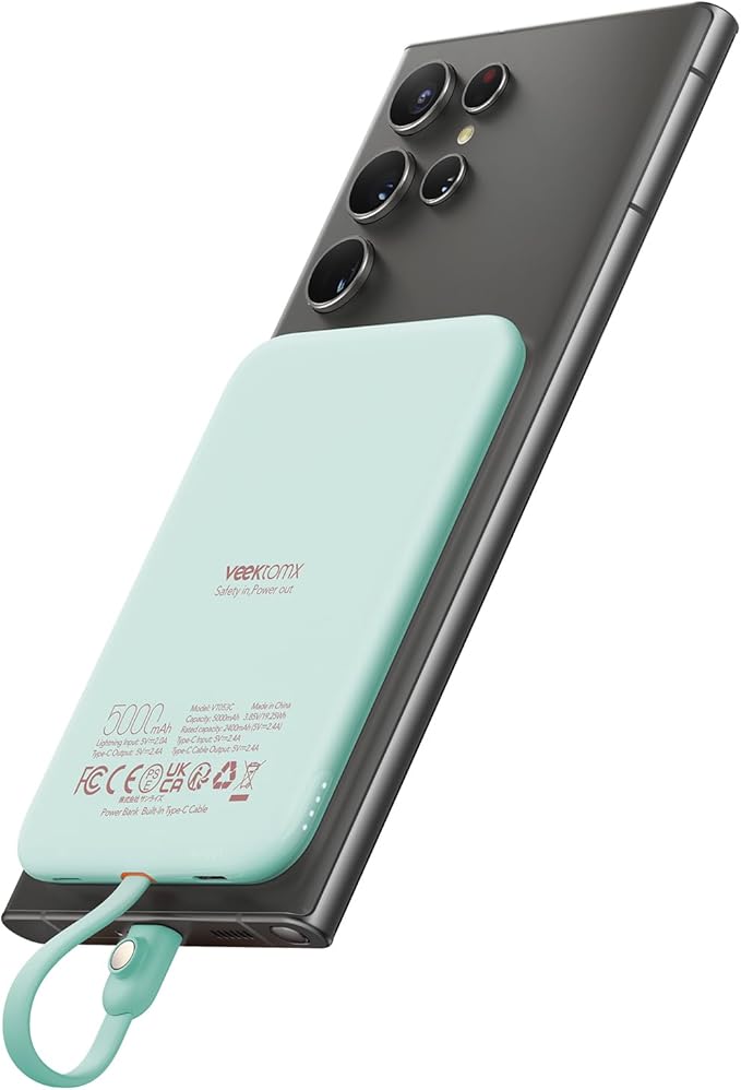 VEEKTOMX Slim Portable Charger, 5000mAh Lightweight Power Bank with Wired USB C Cable, Ultra Thin Battery Pack Compatible with iPhone 15/Plus/Pro/Pro Max/Samsung/Android(Non-Wireless Charging), Blue