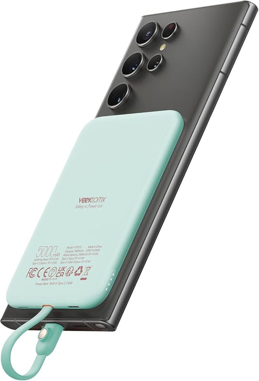 VEEKTOMX Slim Portable Charger, 5000mAh Lightweight Power Bank with Wired USB C Cable, Ultra Thin Battery Pack Compatible with iPhone 15/Plus/Pro/Pro Max/Samsung/Android(Non-Wireless Charging), Blue