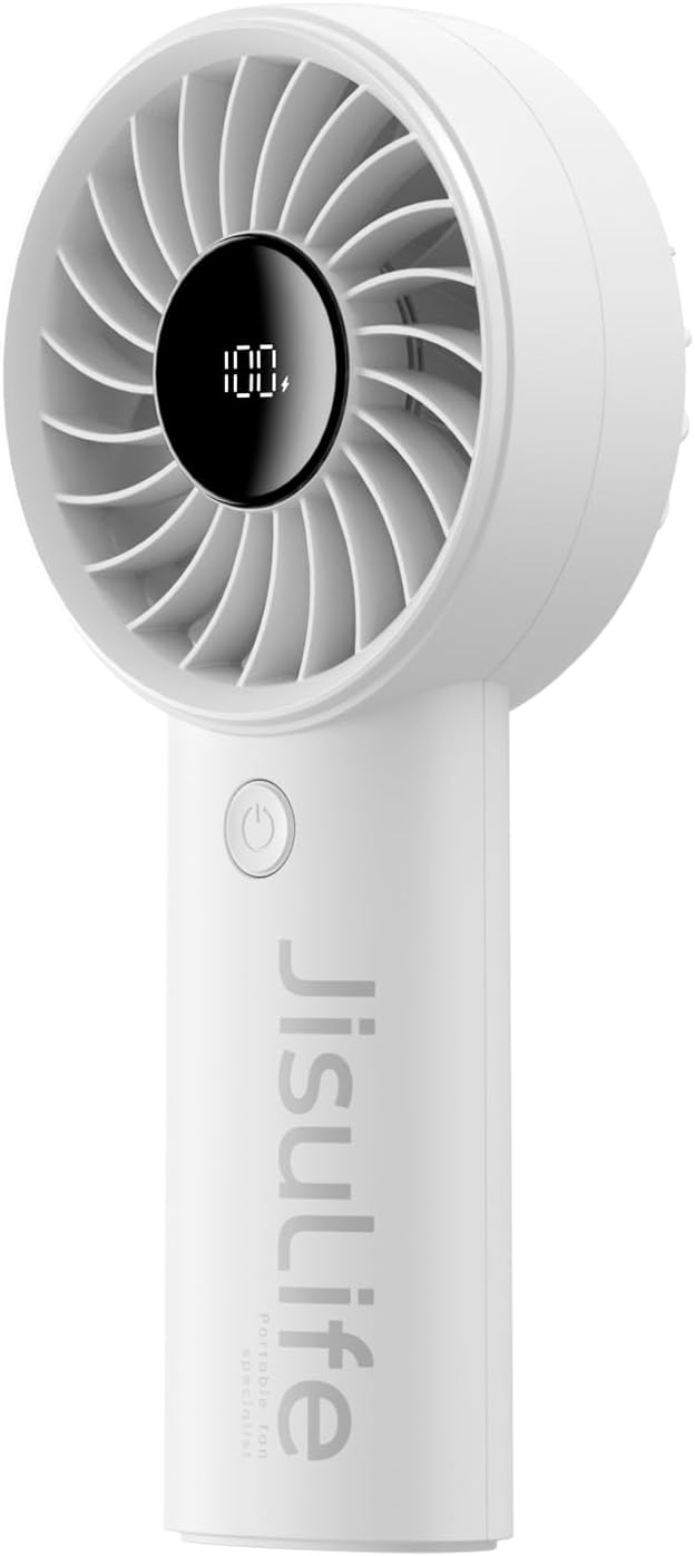 JISULIFE Handheld Portable Fan with Powerful Motor,LED Display,3600mAh Battery,5 Wind Speeds,Lanyard; Summer Essentials USB Rechargeable Hand held Fan for Travel,Beach,Makeup,Concerts-Gery