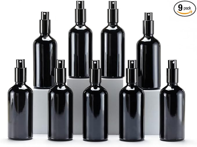 YIZHAO Black Glass Spray Bottles 4oz, with Small Fine Mist Spray, Metal Cap, Refillable for Essential Oil,Travel,Cleaning,Perfume,Aromatherapy,Makeup – 9 Pcs