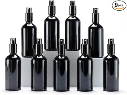 YIZHAO Black Glass Spray Bottles 4oz, with Small Fine Mist Spray, Metal Cap, Refillable for Essential Oil,Travel,Cleaning,Perfume,Aromatherapy,Makeup – 9 Pcs