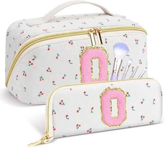 Personalized Travel Makeup Bag Set,Initial Travel Cute Cherry Makeup Organizer Bag,Toiletry Skincare Cosmetic Bag,Christmas Gifts for Women/Girls,Open Flat Toiletry Pouch with Brush Pocket-O