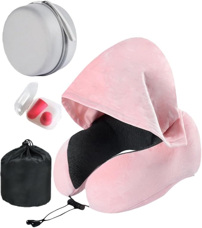 Travel Pillow with Extra Large Hood Rollable Airplant Hooded Neck Pillow with Memory Foam Filling and Removable, Skin-Friendly Cover with a Carrying Pouch
