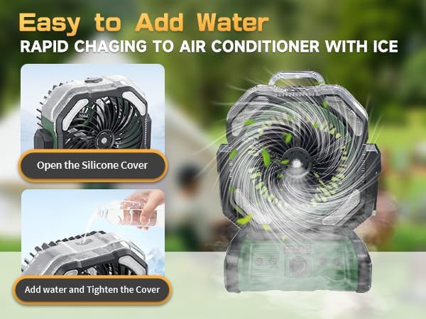 Portable Misting Fan with LED Light & 20000mAh Power Bank - Rechargeable Camping Fan with Remote, Spotless Speeds & 360° Pivot Hook for Outdoor, Hurricane, RV, Power Outages