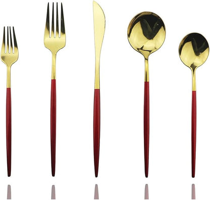 Red Gold Silverware Set, JASHII 20-Piece Stainless Steel Satin Finish Flatware Set, Kitchen Utensil Set, Mirror Polished Tableware Cutlery Set for Home and Restaurant, Dishwasher Safe