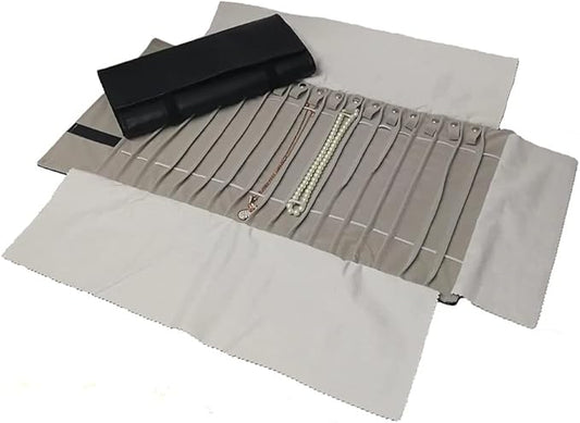 Portable Jewelry Roll Untangled Secure Necklace Travel Storage Bag Displays Holder 16 Chain (Black PU and gray velvet)