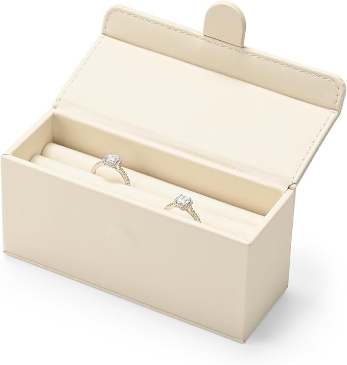 Leather Travel Jewelry Box, Portable Pocket Size Ring Box for Women, Mini Jewelry Travel Case Small Ring Holder Organizer with 12 Slots for purse(Beige)