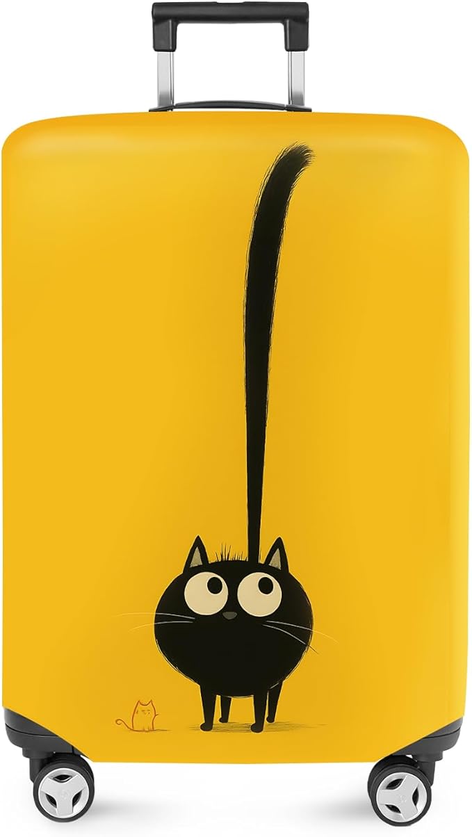 ANNA QUEEN Cute Black Cat Luggage Cover, Whimsical Cat Design with Long Tail, Stretchable, Washable Travel Protector for 20-22 Inch Luggage