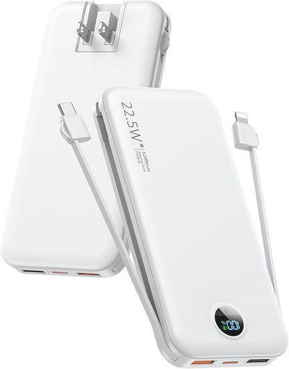 Portable Phone Charger, 12000mAh 22.5W Fast Charging Power Bank with Built-in Cables & Wall Plug, External Battery Bank with LED Display, Travel Essential Battery Pack for iPhone, iPad, Samsung White