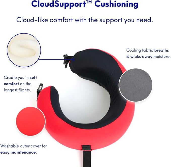 C CUSHION LAB Travel Pillow, Award-Winning Patented Ergonomic Design for Chin & Neck Support Memory Foam Neck Pillow, Compact Airplane Pillow for Traveling, Flight, Car (Bold Red, Medium)