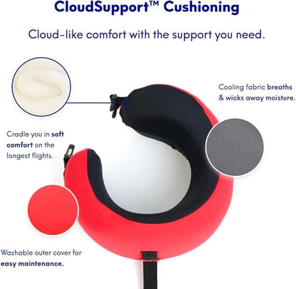 C CUSHION LAB Travel Pillow, Award-Winning Patented Ergonomic Design for Chin & Neck Support Memory Foam Neck Pillow, Compact Airplane Pillow for Traveling, Flight, Car (Bold Red, Medium)