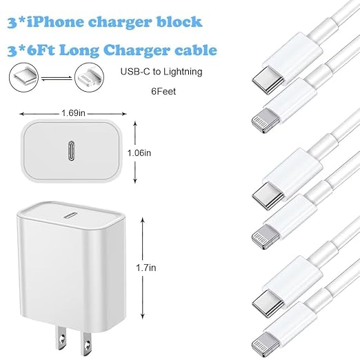 iPhone Fast Charger, 3 Pack MFi Certified PD Type C Fast Charger Block with 3 Pack 6FT USB C to Lightning Fast Charging Data Sync Cable Compatible with iPhone 14 13 12 11 Pro Max XS XR X 8 iPad-White