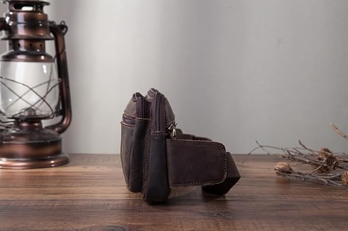 Compact Genuine Leather Waist Pack for Men Phone Fanny Pack Small Chest Messenger Bag with Adjustable Belt Gifts for Men (Coffee)