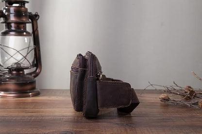 Compact Genuine Leather Waist Pack for Men Phone Fanny Pack Small Chest Messenger Bag with Adjustable Belt Gifts for Men (Coffee)