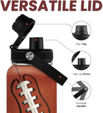 Football Water Bottle 32oz Insulated Stainless Steel Sports Bottle - Gift for Football Fans
